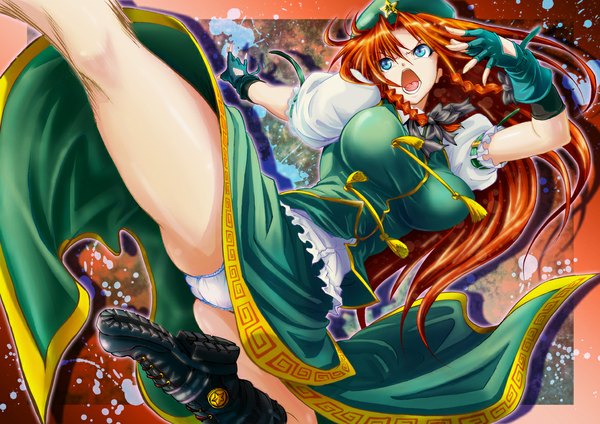 Anime picture 1169x827 with touhou hong meiling hijikawa arashi single long hair open mouth blue eyes light erotic red hair braid (braids) twin braids chinese clothes girl skirt underwear panties boots fingerless gloves beret skirt set