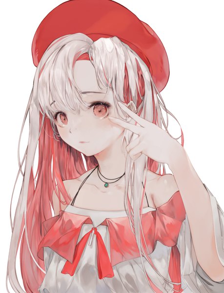 Anime picture 1750x2286 with original mile (mil2) single long hair tall image highres simple background red eyes white background silver hair upper body red hair multicolored hair two-tone hair victory colored inner hair girl pendant beret