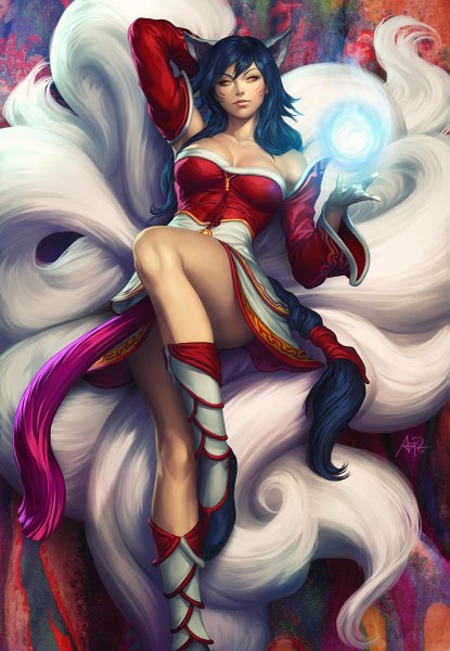 Anime picture 831x1200 with league of legends ahri (league of legends) artgerm (stanley lau) single long hair tall image breasts light erotic black hair bare shoulders animal ears tail animal tail realistic orange eyes fox ears magic facial mark glowing fox tail