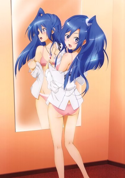 Anime picture 4908x7002 with senki zesshou symphogear satelight kazanari tsubasa single long hair tall image blush highres open mouth light erotic purple eyes blue hair absurdres scan open clothes official art open shirt one side up girl underwear