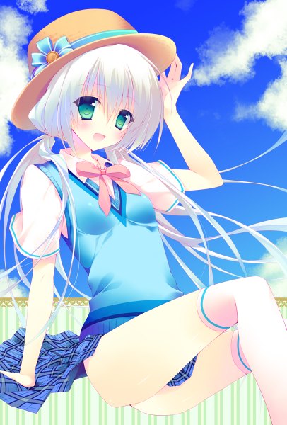 Anime picture 812x1200 with original amanagi seiji single long hair tall image blush open mouth twintails green eyes sky cloud (clouds) white hair girl thighhighs dress skirt hat white thighhighs