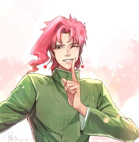 Anime picture 1200x1221 with jojo no kimyou na bouken kakyoin noriaki linjie single tall image looking at viewer short hair smile red eyes signed pink hair one eye closed wink finger to mouth boy uniform school uniform earrings gakuran