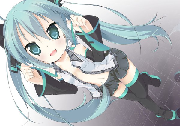 Anime picture 1280x902 with vocaloid hatsune miku single open mouth twintails very long hair aqua eyes aqua hair zettai ryouiki girl thighhighs skirt navel black thighhighs detached sleeves miniskirt
