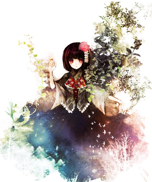 Anime picture 1200x1436 with touhou hieda no akyuu duca single tall image short hair red eyes brown hair hair flower double exposure girl dress hair ornament plant (plants) animal bird (birds) pendant