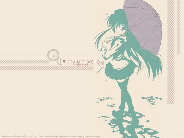 Anime picture 1600x1200 with sola shihou matsuri nanao naru single long hair looking at viewer fringe simple background looking back from above wallpaper text monochrome english walking girl thighhighs umbrella beret