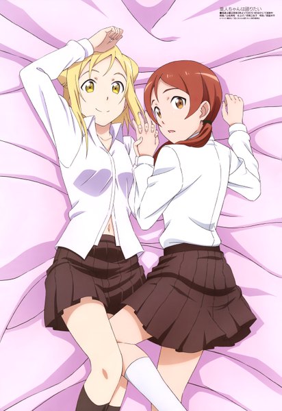 Anime picture 4073x5932 with demi-chan wa kataritai a-1 pictures megami magazine takanashi hikari takanashi himari yamana hidekazu long hair tall image looking at viewer fringe highres short hair blonde hair brown hair multiple girls brown eyes yellow eyes absurdres bent knee (knees) looking back