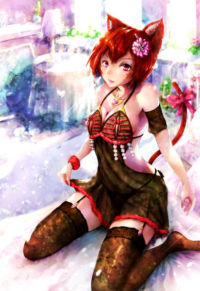 Anime picture 990x1441 with original takeshi single tall image looking at viewer blush short hair light erotic sitting animal ears red hair tail animal tail pink eyes from above cat ears cat girl cat tail lipstick wariza