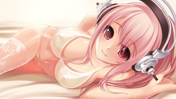 Anime picture 1920x1080 with nitroplus super sonico kaka cheung single long hair looking at viewer blush highres breasts light erotic smile wide image large breasts pink hair pink eyes underwear only girl thighhighs navel underwear