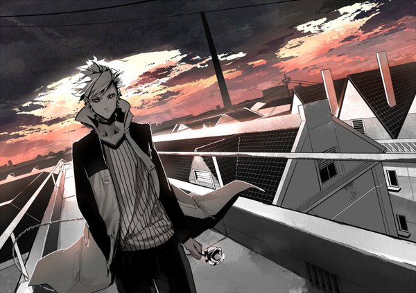 Anime picture 1416x1000 with dogs: bullets & carnage david production haine rammsteiner a.r.k. single short hair holding cloud (clouds) outdoors white hair wind dutch angle city evening sunset hand in pocket popped collar boy flower (flowers) rose (roses)