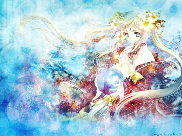 Anime picture 1024x768 with azumi tooru blue eyes silver hair very long hair hair flower magic blue background girl dress hair ornament flower (flowers) water
