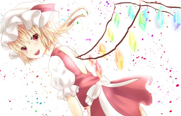 Anime picture 1422x916 with touhou flandre scarlet conesa single short hair open mouth blonde hair red eyes looking back girl dress wings bonnet crystal