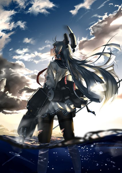 Anime picture 1059x1500 with kantai collection murakumo destroyer tsuuhan single long hair tall image highres light erotic brown eyes looking away sky silver hair cloud (clouds) outdoors wind sunlight shadow pantyshot torn clothes looking up