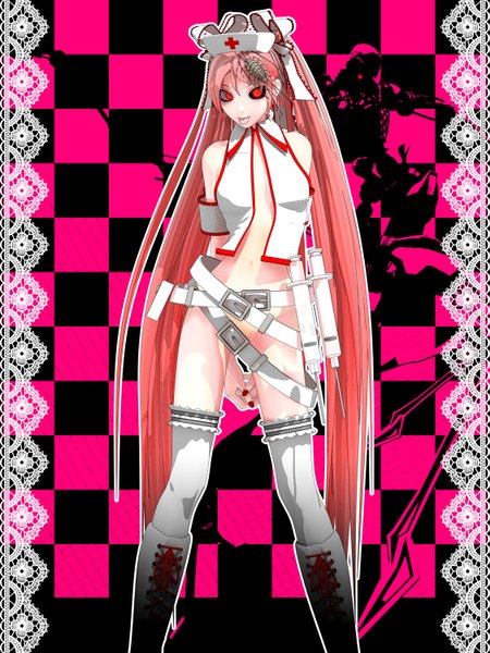 Anime picture 1125x1500 with vocaloid bacterial contamination (vocaloid) tall image light erotic red eyes twintails pink hair very long hair nail polish nurse checkered background girl thighhighs navel white thighhighs boots belt tongue thigh boots nurse cap