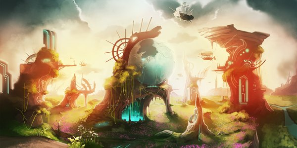 Anime picture 2000x1000 with original pixiv fantasia pixiv fantasia new world la ciero (pixiv) highres wide image cloud (clouds) no people fantasy river broken science fiction aircraft airship