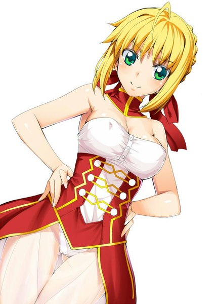 Anime picture 600x834 with fate (series) fate/extra type-moon nero claudius (fate) (all) nero claudius (fate) namonashi single tall image looking at viewer blush light erotic simple background blonde hair white background green eyes cleavage light smile underbust girl dress