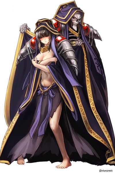 Anime picture 1000x1500 with overlord (maruyama) madhouse narberal gamma ainz ooal gown aken long hair tall image blush fringe breasts light erotic black hair simple background large breasts standing white background signed bent knee (knees) barefoot bare legs