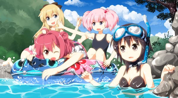 Anime picture 1200x667 with yuru yuri doga kobo toshinou kyouko akaza akari yoshikawa chinatsu funami yui ruu (tksymkw) long hair short hair open mouth blue eyes black hair blonde hair wide image multiple girls brown eyes pink hair one eye closed wink black eyes