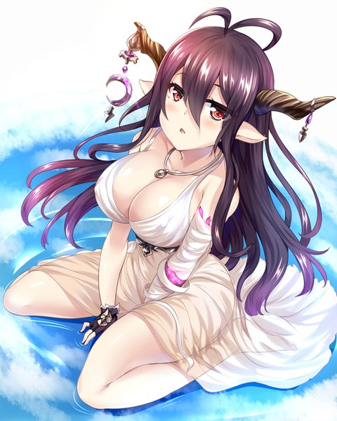 Anime picture 1000x1250 with granblue fantasy danua hinata sora single long hair tall image blush fringe breasts light erotic hair between eyes red eyes large breasts sitting purple hair full body ahoge horn (horns) from above pointy ears