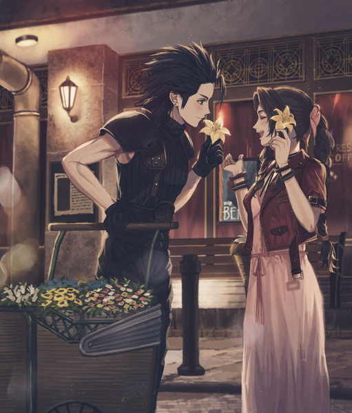 Anime picture 1734x2038 with final fantasy final fantasy vii final fantasy vii remake crisis core final fantasy vii square enix aerith gainsborough zack fair 234 (1234!) long hair tall image highres short hair open mouth blue eyes black hair brown hair holding eyes closed profile couple