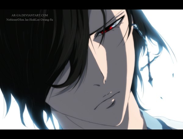 Anime picture 1000x760 with noblesse cadis etrama di raizel ar-ua single fringe short hair black hair red eyes white background hair over one eye coloring close-up face boy earrings cross