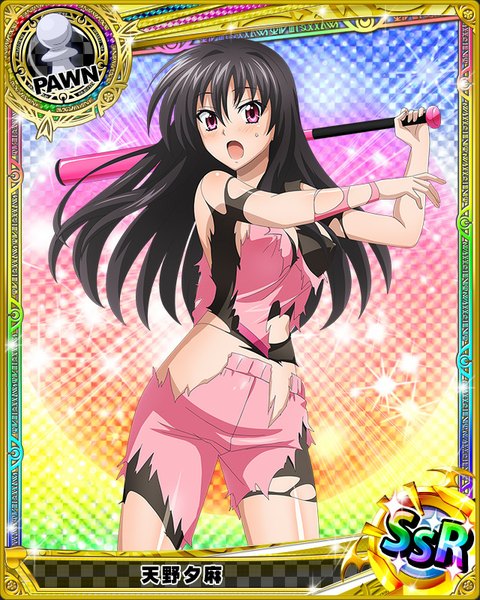 Anime picture 640x800 with highschool dxd raynare (dxd) single long hair tall image looking at viewer blush open mouth light erotic black hair purple eyes torn clothes card (medium) girl uniform gym uniform baseball bat baseball uniform