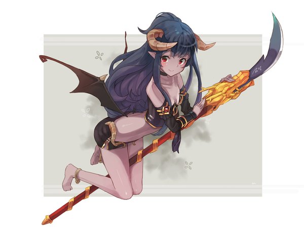 Anime picture 1500x1200 with dungeon and fighter nellen single long hair blush fringe light erotic simple background smile red eyes bent knee (knees) horn (horns) pointy ears bare belly demon girl purple skin girl weapon detached sleeves wings