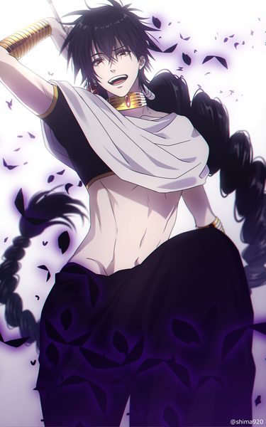 Anime picture 625x1000 with magi the labyrinth of magic a-1 pictures judal mashima shima single tall image looking at viewer fringe open mouth black hair hair between eyes red eyes signed braid (braids) very long hair traditional clothes :d teeth midriff twitter username