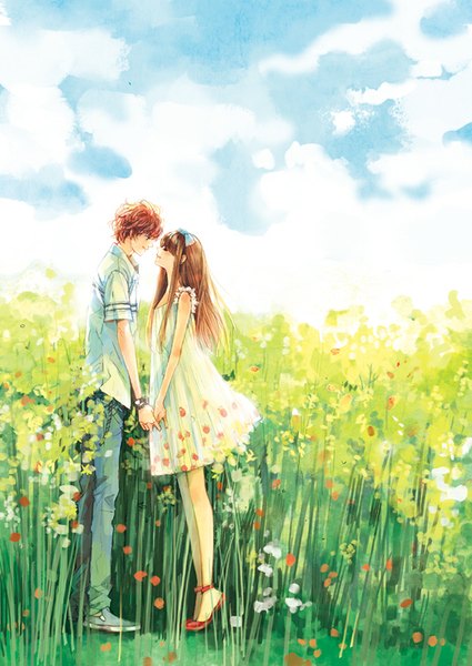 Anime picture 600x846 with original daisy (artist) long hair tall image fringe short hair smile brown hair sky cloud (clouds) eyes closed sunlight holding hands face to face girl dress boy flower (flowers) plant (plants) shirt