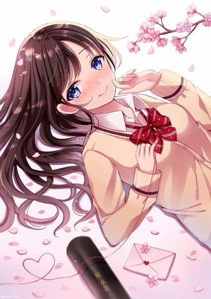 Anime picture 773x1093 with original sakura hiyori single long hair tall image looking at viewer blush fringe blue eyes simple background brown hair upper body lying nail polish on back gradient background cherry blossoms spring heart of string graduation