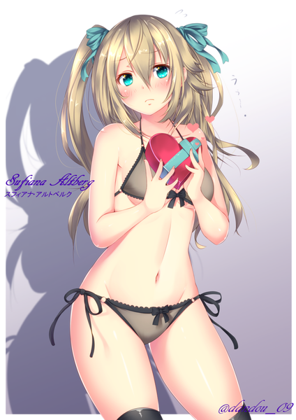Anime picture 849x1200 with dandou single long hair tall image looking at viewer blush blue eyes light erotic blonde hair signed shadow girl thighhighs navel underwear panties ribbon (ribbons) black thighhighs hair ribbon lingerie