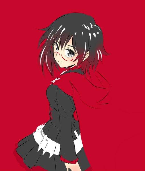 Anime picture 1468x1729 with rwby rooster teeth ruby rose iesupa single tall image looking at viewer short hair black hair smile upper body from behind gradient hair red background silver eyes bespectacled blending girl dress glasses