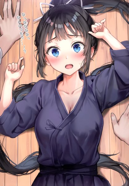 Anime picture 2406x3464 with original kendo club president (rangu) rangu long hair tall image looking at viewer blush fringe highres breasts open mouth blue eyes black hair large breasts standing payot cleavage ponytail indoors lying