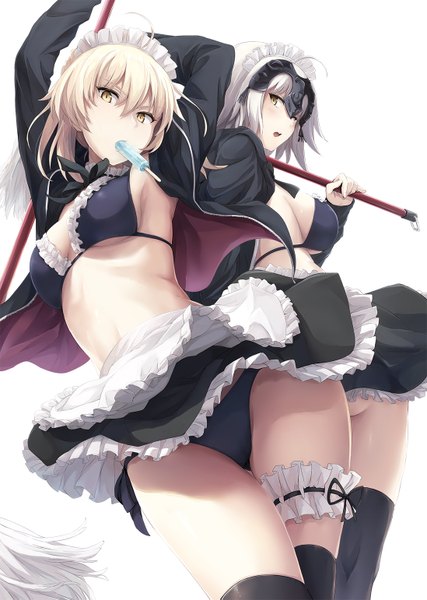 Anime picture 1098x1541 with fate (series) fate/grand order artoria pendragon (all) jeanne d'arc (fate) (all) jeanne d'arc alter (fate) artoria pendragon (alter swimsuit rider) (fate) akita hika tall image looking at viewer blush fringe short hair breasts open mouth light erotic simple background blonde hair hair between eyes large breasts standing