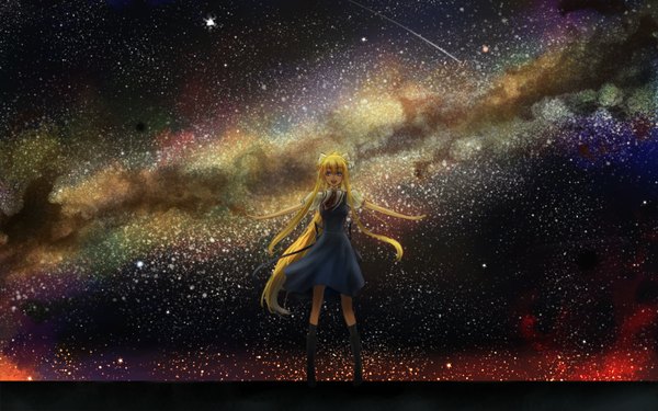Anime picture 1056x660 with air key (studio) kamio misuzu zi ye (hbptcsg2) single long hair open mouth blue eyes blonde hair wide image ponytail spread arms space shooting star milky way girl dress bow hair bow socks