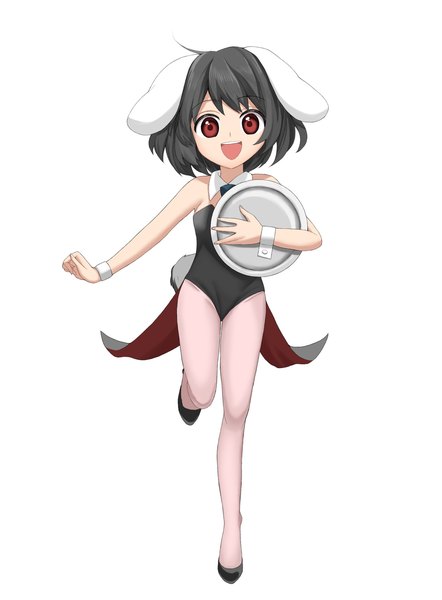Anime picture 1510x2048 with touhou inaba tewi keiki8296 single tall image looking at viewer short hair open mouth light erotic black hair simple background smile red eyes standing white background animal ears full body tail :d animal tail