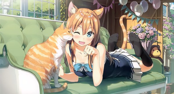 Anime picture 3969x2138 with 5 nenme no houkago kantoku single long hair looking at viewer blush fringe highres open mouth blue eyes blonde hair hair between eyes wide image animal ears absurdres tail lying animal tail one eye closed wink