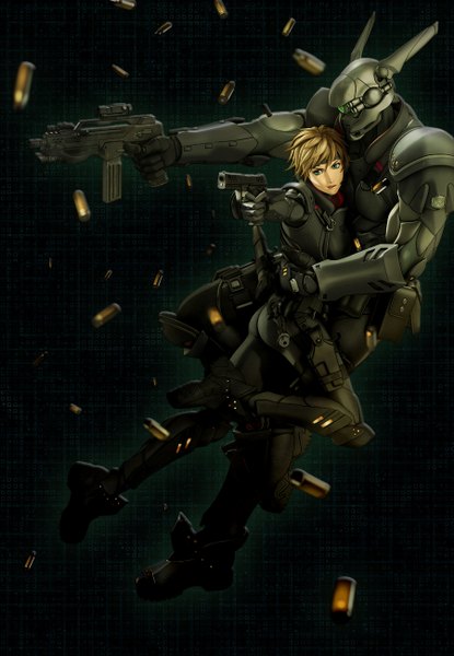Anime picture 900x1300 with appleseed deunan knute briareos hecatonchires tall image short hair blonde hair green eyes looking away full body bent knee (knees) parted lips hug outstretched arm dark background jumping girl weapon hairband armor gun