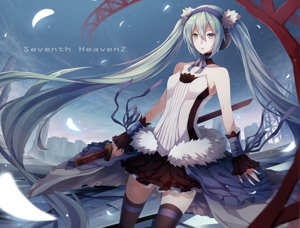 Anime picture 1653x1260 with vocaloid hatsune miku kiyo (chaoschyan) single looking at viewer bare shoulders very long hair aqua eyes aqua hair girl thighhighs dress weapon black thighhighs petals sword headphones katana