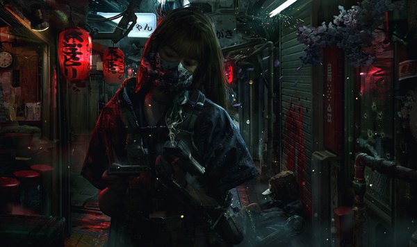 Anime picture 1600x950 with original eddie mendoza single long hair fringe brown hair wide image standing holding outdoors realistic night city hieroglyph looking down light smoke mechanical arms smoking gun girl