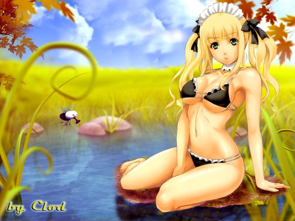 Anime picture 1200x900 with clod (artist) single looking at viewer fringe breasts light erotic blonde hair sitting twintails bare shoulders green eyes payot cloud (clouds) full body inscription bare belly bare legs yokozuwari nature girl