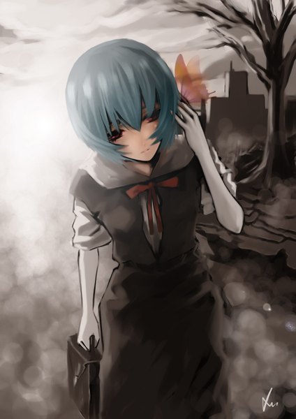 Anime picture 1240x1754 with neon genesis evangelion gainax ayanami rei kirigo (artist) single tall image short hair red eyes aqua hair girl uniform plant (plants) school uniform tree (trees) school bag