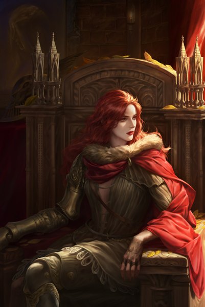 Anime picture 3840x5745 with elden ring malenia blade of miquella erry single long hair tall image highres sitting yellow eyes looking away absurdres red hair fur trim lipstick red lipstick girl fur cape fur collar throne