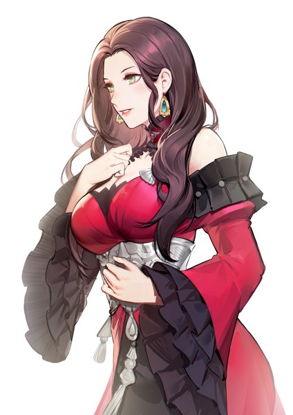 Anime picture 2480x3508 with fire emblem fire emblem: three houses nintendo dorothea arnault q18607 single long hair tall image blush highres breasts simple background brown hair large breasts standing white background green eyes payot cleavage wide sleeves