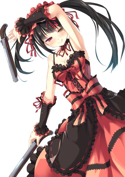 Anime picture 1000x1412 with date a live tokisaki kurumi kinta (distortion) single long hair tall image blush black hair twintails heterochromia uneven twintails girl dress weapon detached sleeves frills gun musket