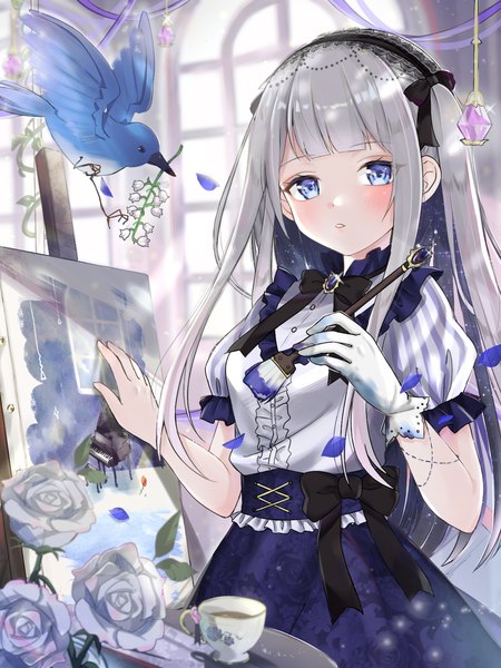 Anime picture 1536x2048 with original masyu jyaga single long hair tall image looking at viewer blush fringe blue eyes standing holding payot silver hair indoors blunt bangs parted lips sparkle short sleeves two side up puffy sleeves
