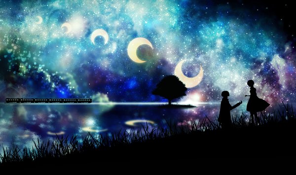 Anime picture 1200x708 with original vocaloid harada miyuki short hair wide image sky cloud (clouds) profile crescent silhouette girl dress boy plant (plants) tree (trees) moon star (stars) grass train
