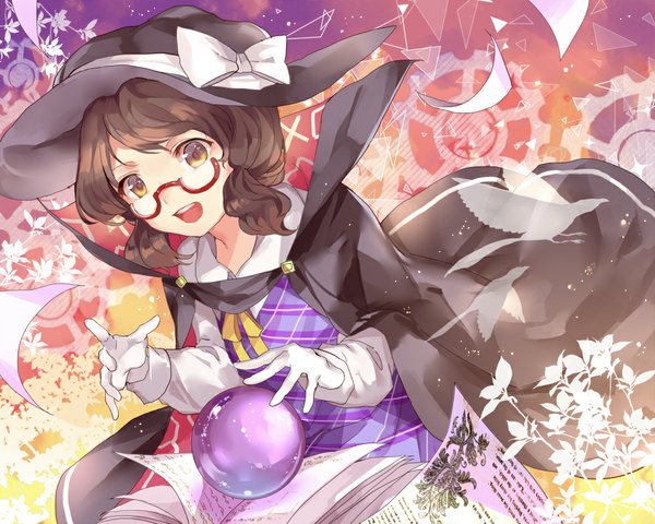 Anime-Bild 1000x800 mit touhou usami sumireko hillly (maiwetea) single short hair open mouth brown hair twintails brown eyes low twintails looking down short twintails girl gloves plant (plants) hat animal glasses white gloves bird (birds)