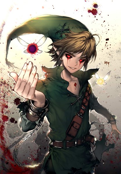 Anime picture 893x1280 with the legend of zelda link dark link kawacy single tall image looking at viewer fringe short hair blonde hair smile ahoge fingernails eyebrows lacing blood stains boy belt insect blood