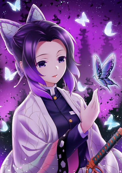 Anime picture 1241x1754 with kimetsu no yaiba ufotable kochou shinobu myudon18 single long hair tall image blush open mouth black hair simple background smile standing purple eyes payot looking away purple hair upper body traditional clothes japanese clothes