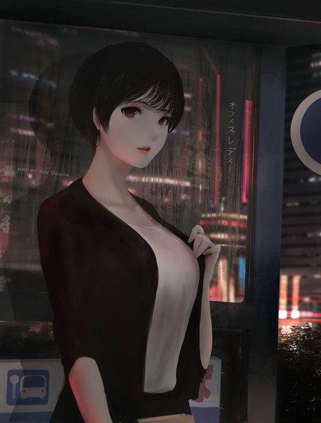 Anime picture 2920x3838 with original aoi ogata single tall image looking at viewer fringe highres short hair breasts black hair standing purple eyes signed parted lips lips shadow girl earrings